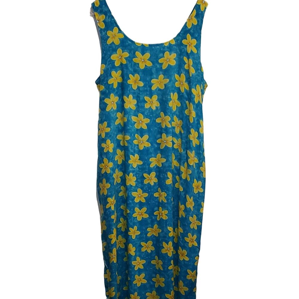 Teal Hawaiian Midi Dress with Yellow Flowers Sleeveless Tank L/XL